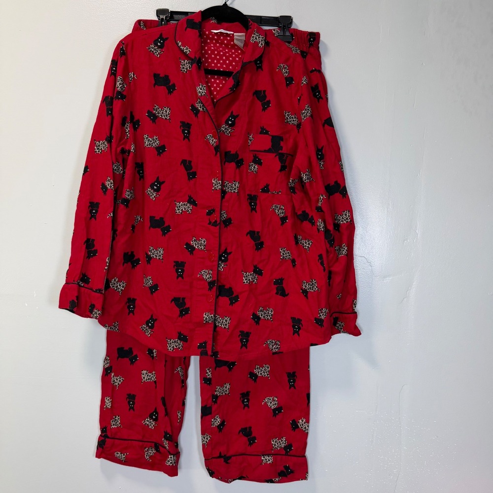 Adonna Red Scottie Dog Leopard Print Cotton Flannel Pajama Set Womens Large L
